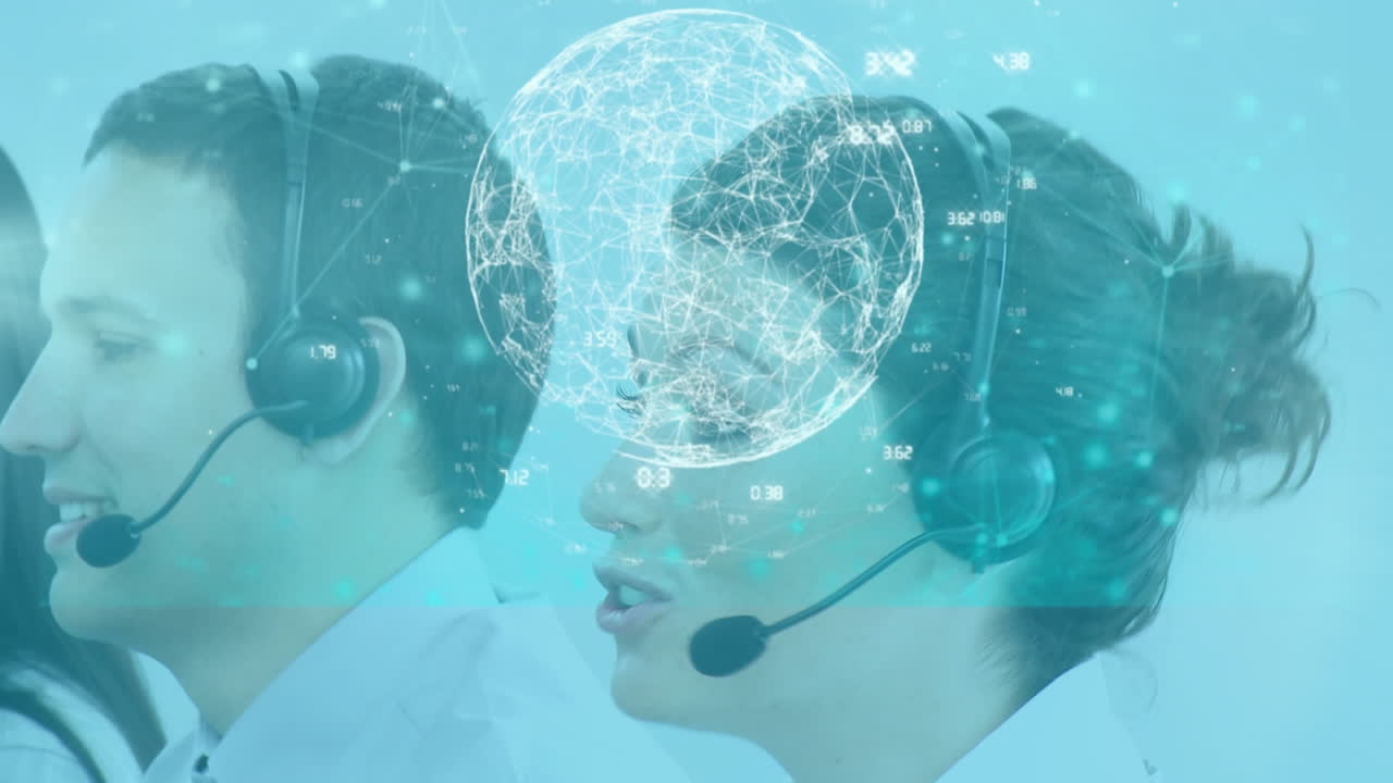 전화 헤드 ⁇ 을 사용하는 다양한 비즈니스 사람들에 대한 데이터 처리 애니메이션