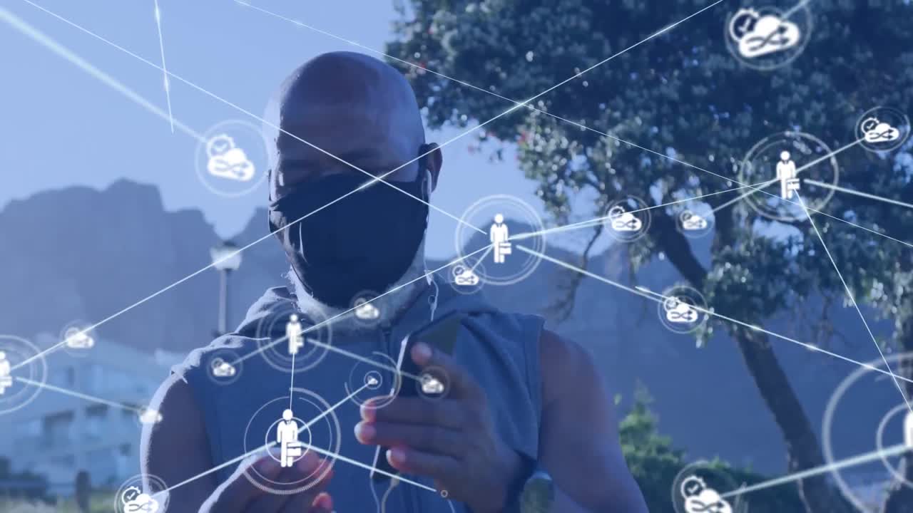 Animation of network of connections over senior african american man using smartphone at beach