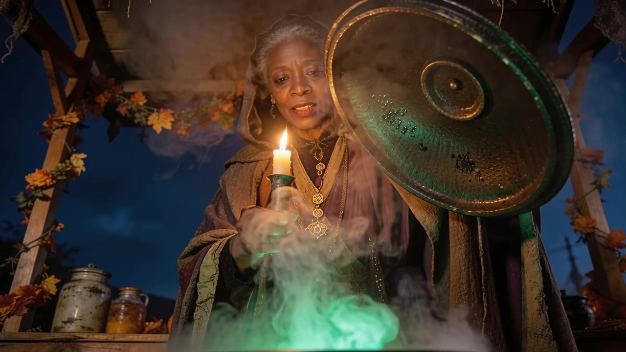 Lifting lid, cloaked woman releasing green vapor, checking cauldron at night with candle, jars