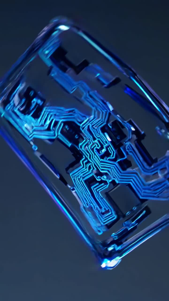 Close-up video of a transparent circuit board with glowing blue lines, captured at a tilted angle