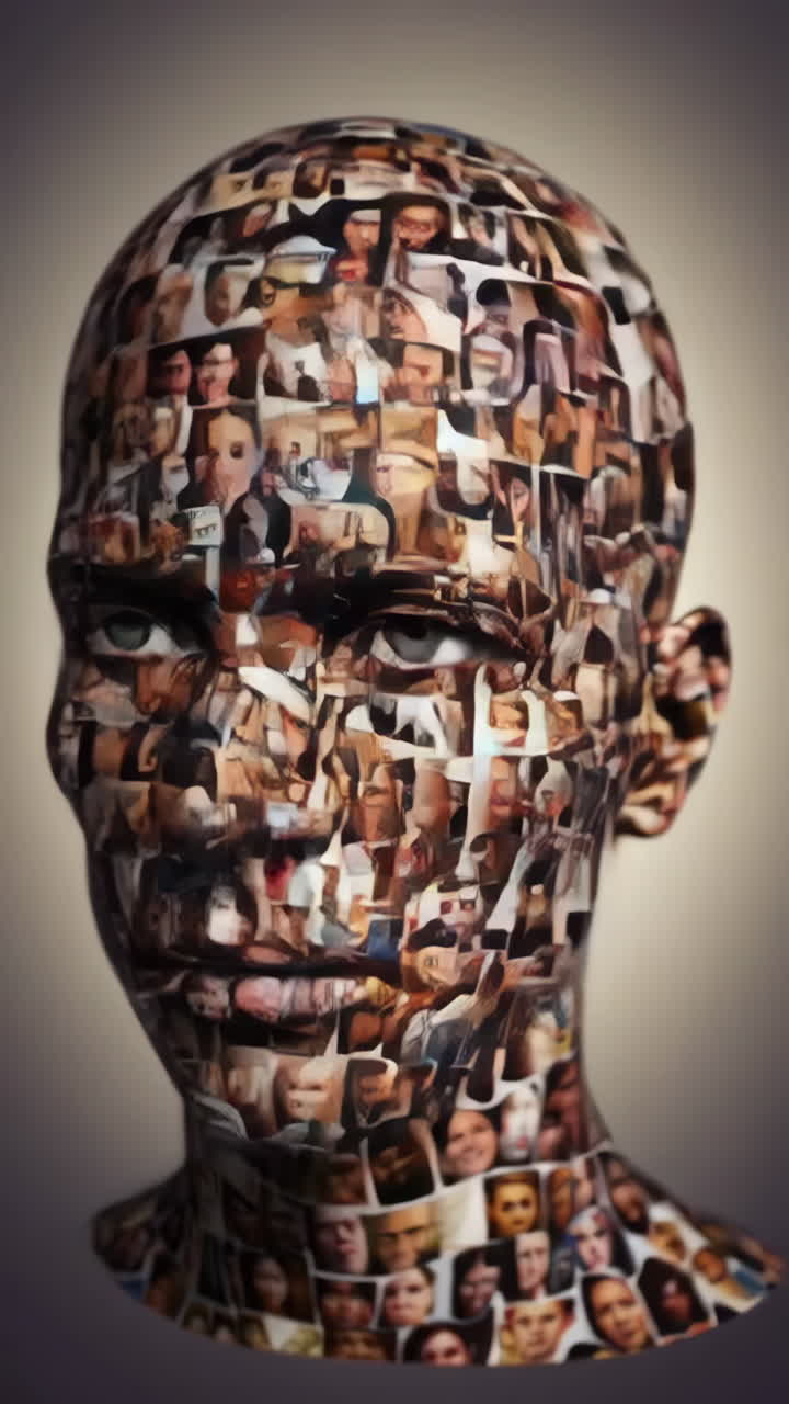 Testa umana formata da un mosaico di volti