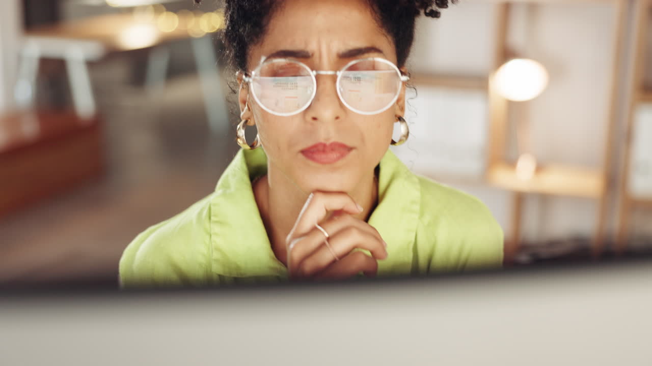 Confused woman, business computer