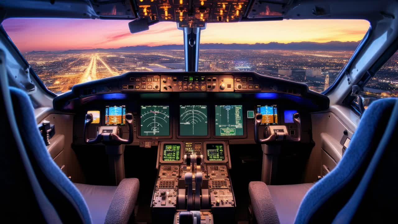 Cockpit view of a plane at sunset, showcasing a cityscape