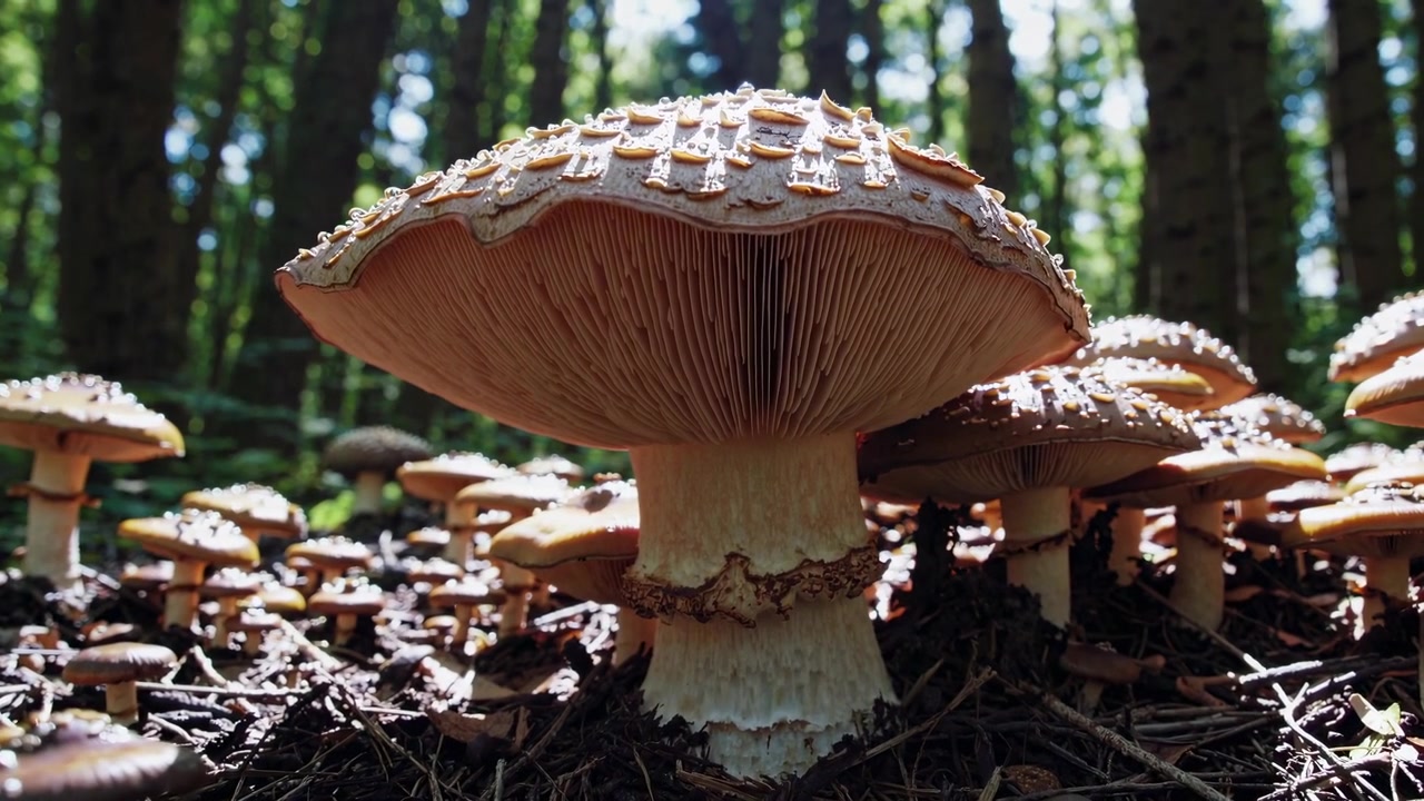 Close-up Zoom on Wild Mushrooms Growing in a Sunlit Forest