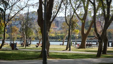 parque de la ciudad junto al río en un soleado día de otoño