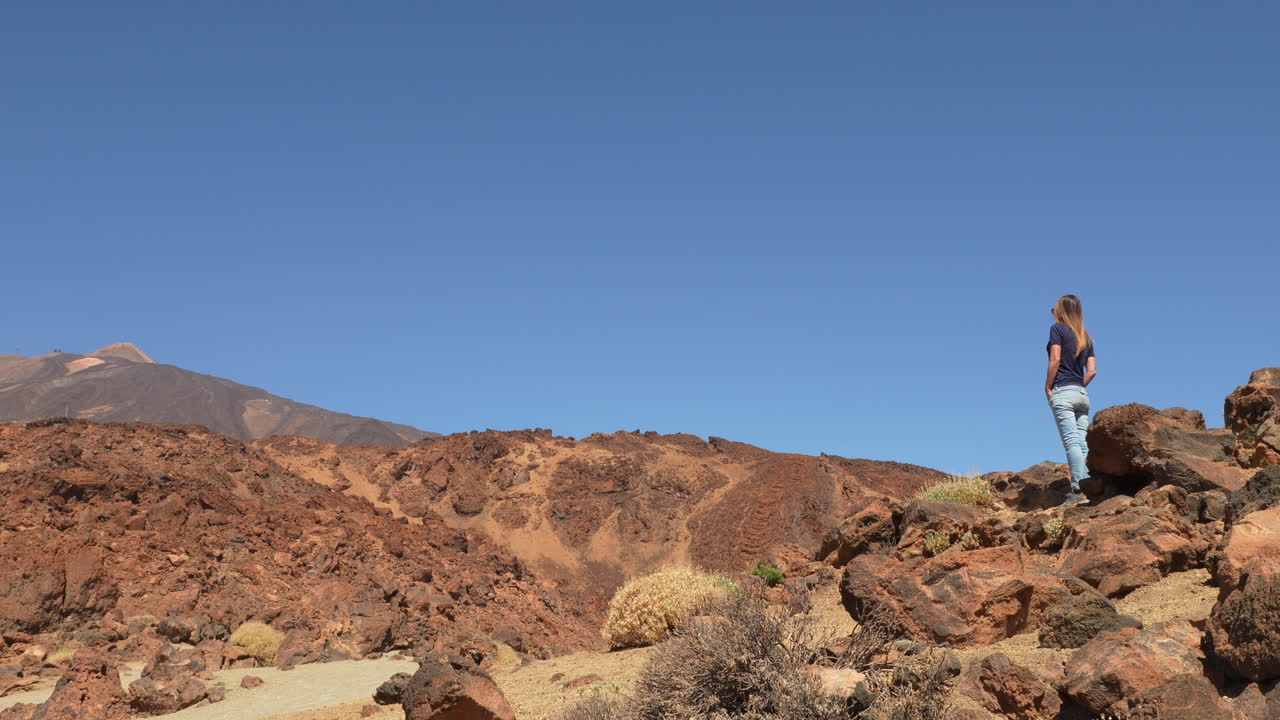 Tourist admiring the Teide volcano from above, in Teide National Park, Tenerife, Canary Islands