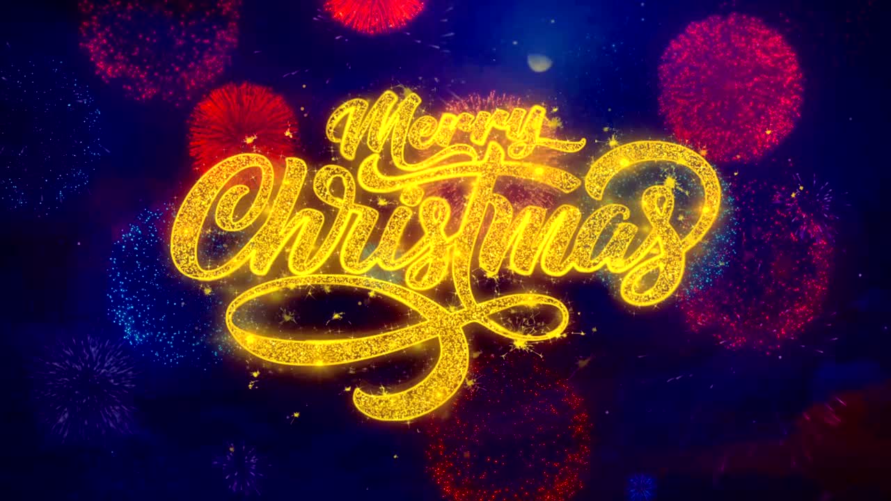 크리스마스 축하 문자, 분자 및 불꽃으로 색의 보케 불꽃놀이 디스플레이 4k, 축하 카드, 축하, 파티 초대, 달력, 선물, 이벤트, 메시지, 휴가, 소원.