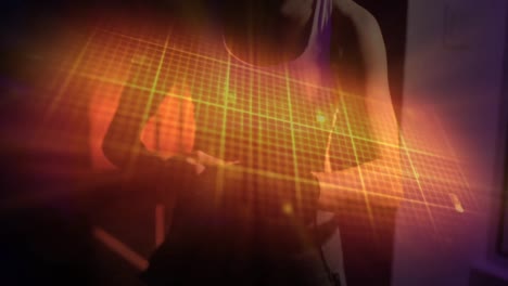 animation of glowing green heart rate and data on grid, over sportswoman wrapping hand for boxing