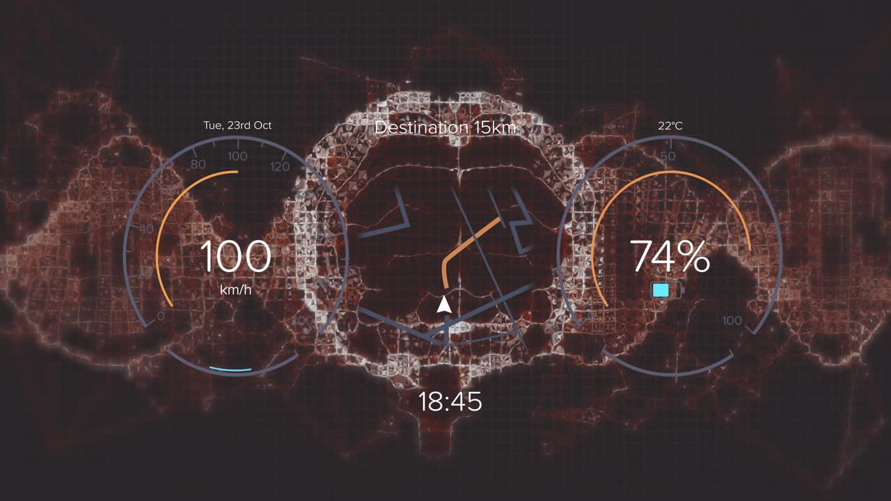 Digital HUD showing speed climbing to 100 km or h with network pulsing around map then contracting