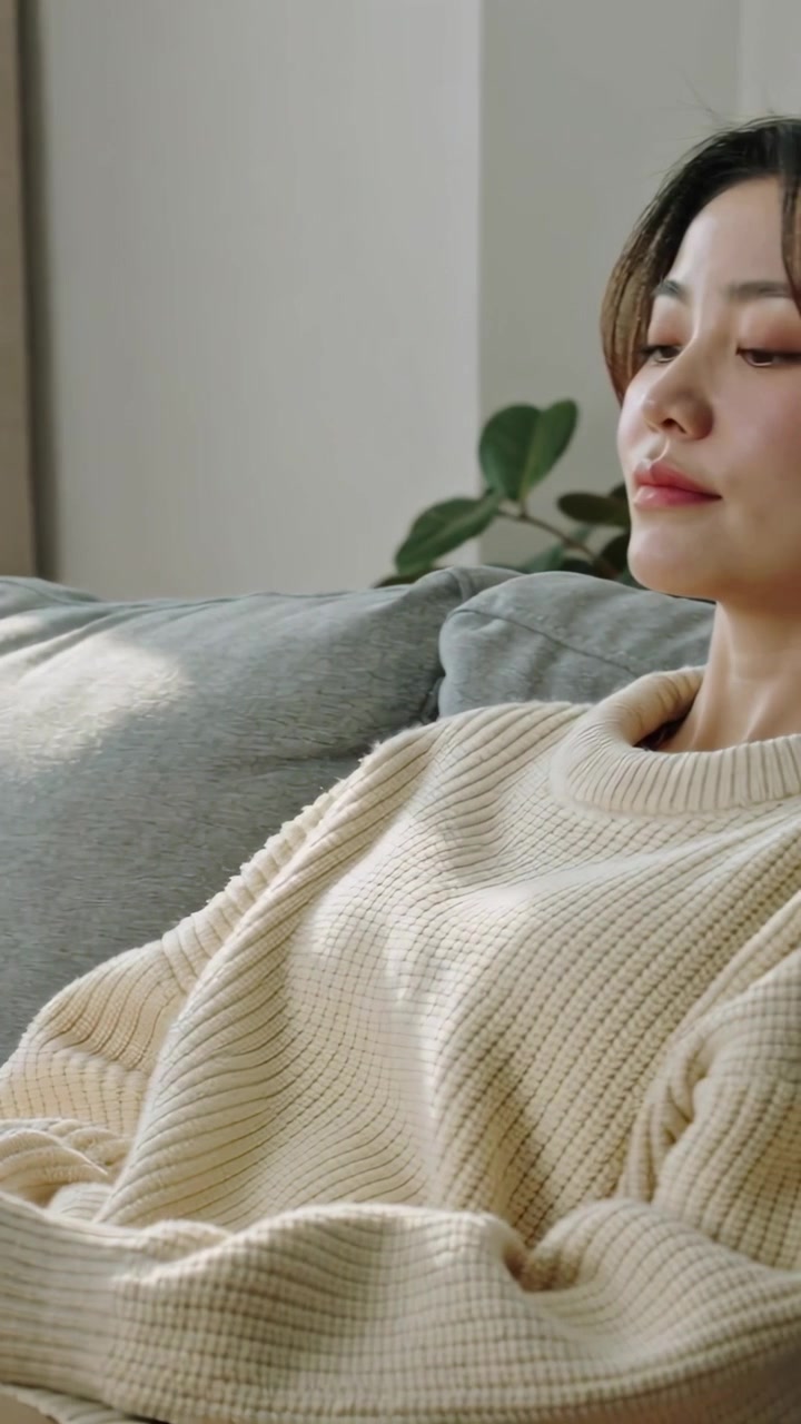 垂直影片：手持智能手機的亞洲女性，穿著米色毛衣靠在窗邊沙發上放鬆。