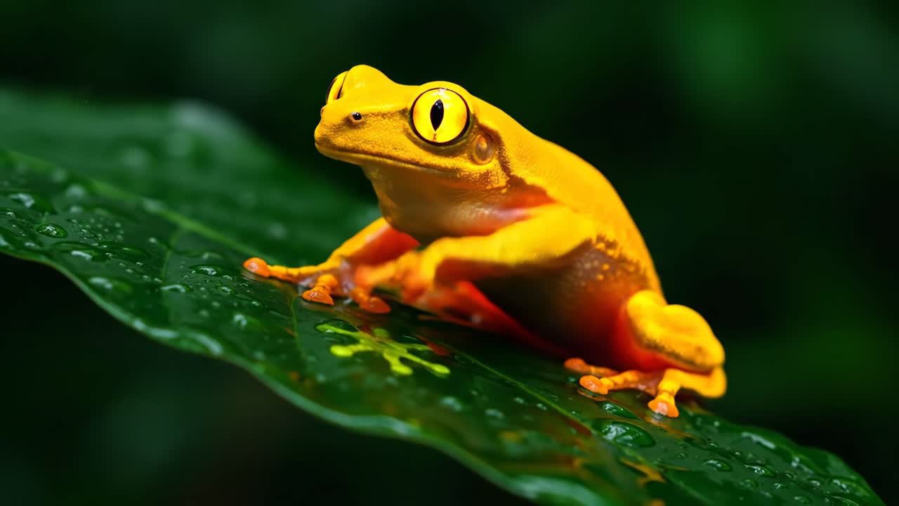 A vibrant yellow frog on a lush green leaf