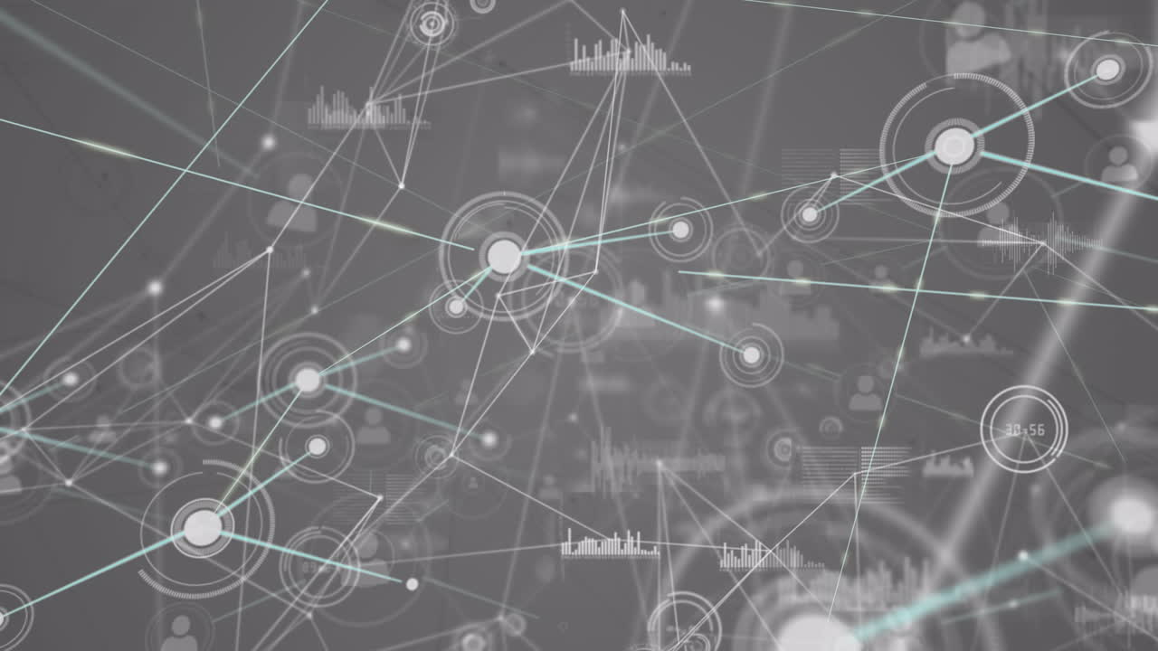 회색 배경에 연결 및 데이터 처리 네트워크의 애니메이션