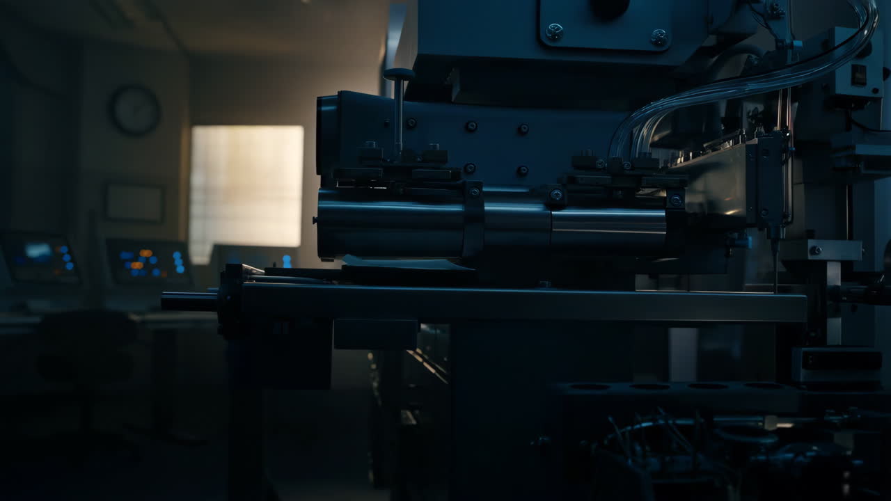 Close-up of Industrial Machinery in a Dimly Lit Lab Setting
