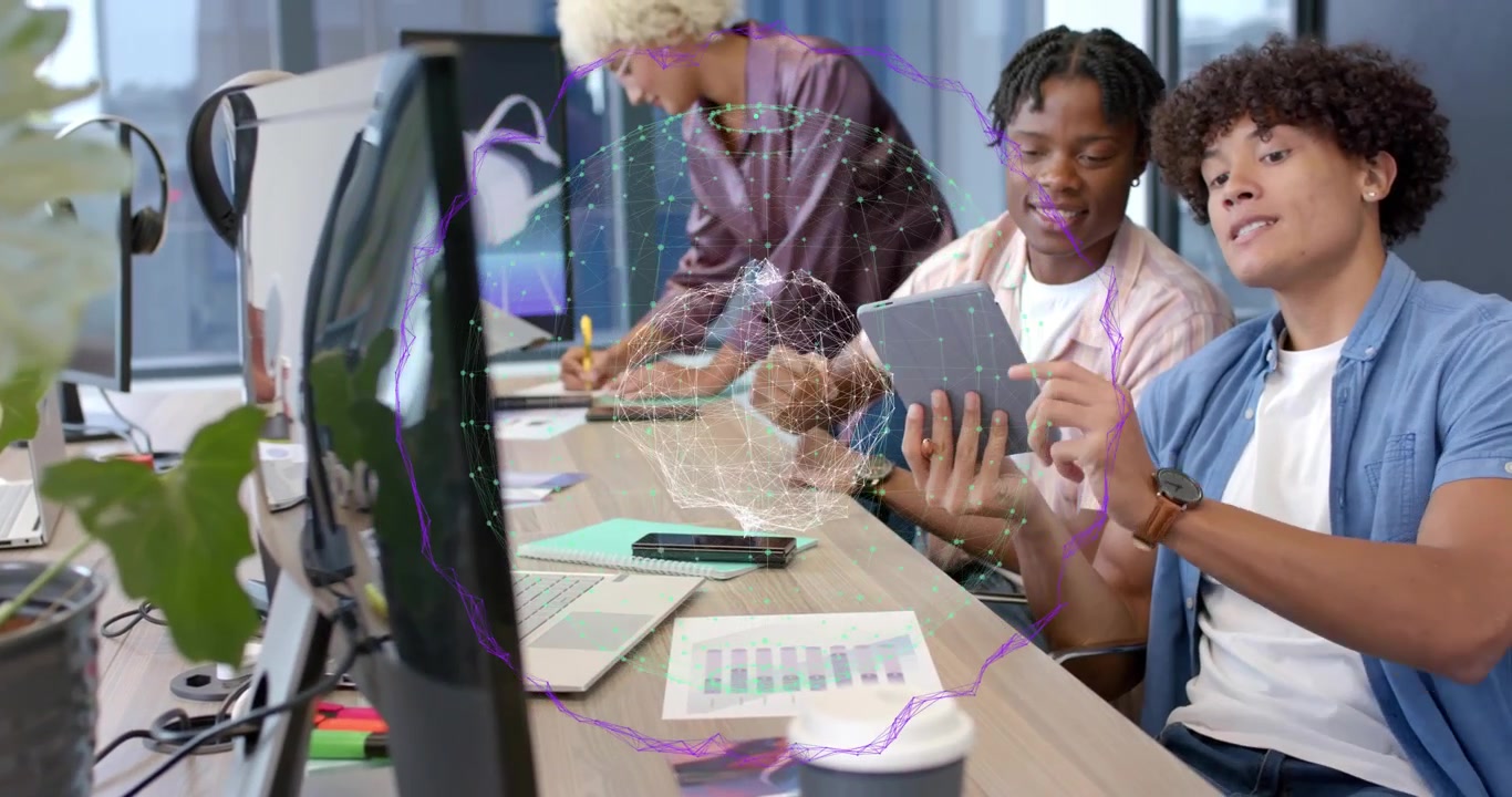 Coworkers opening tablet app and interacting with rotating wireframe AR sphere while reviewing data