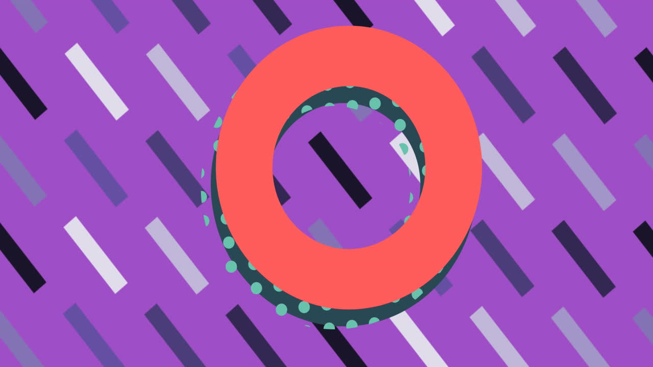 Animation of illustration of orange and spotted ring moving over patterns on purple background