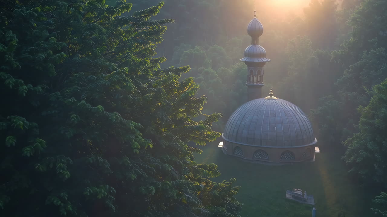 amanecer brumoso sobre una mezquita en un bosque