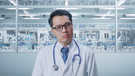 疲れたアジア人男性医師がステトスコップを持って実験室に立っています