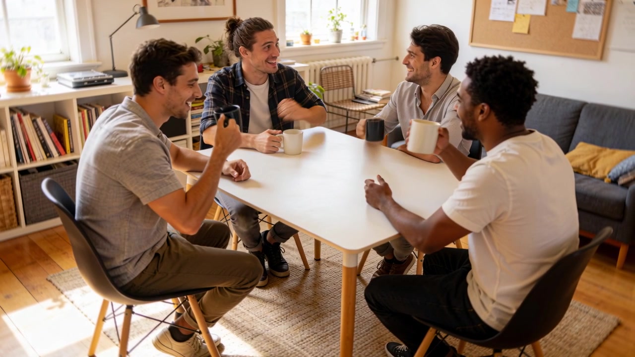 Iniciando conversa, homem com coque e camisa xadrez gesticulando, amigos bebendo em canecas e colocando a conversa em dia na área de estar.