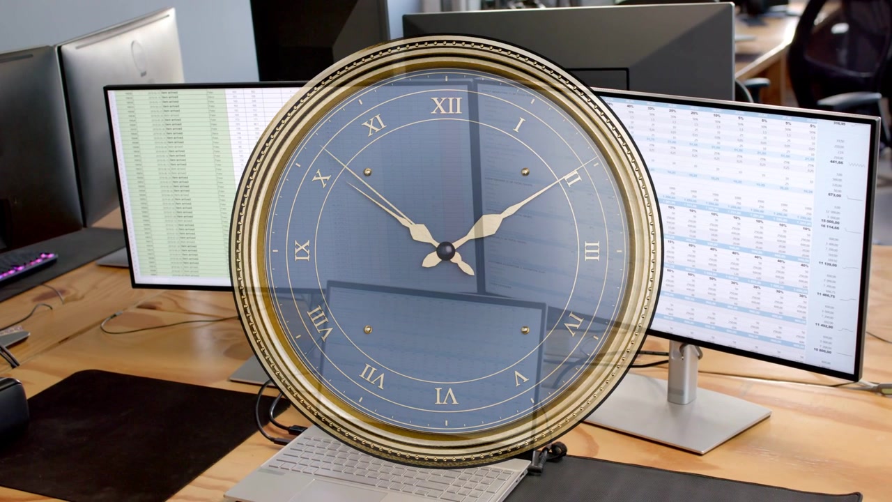 Gold rim clock overlay appearing over laptop, scaling and fading while hands rotating to show time