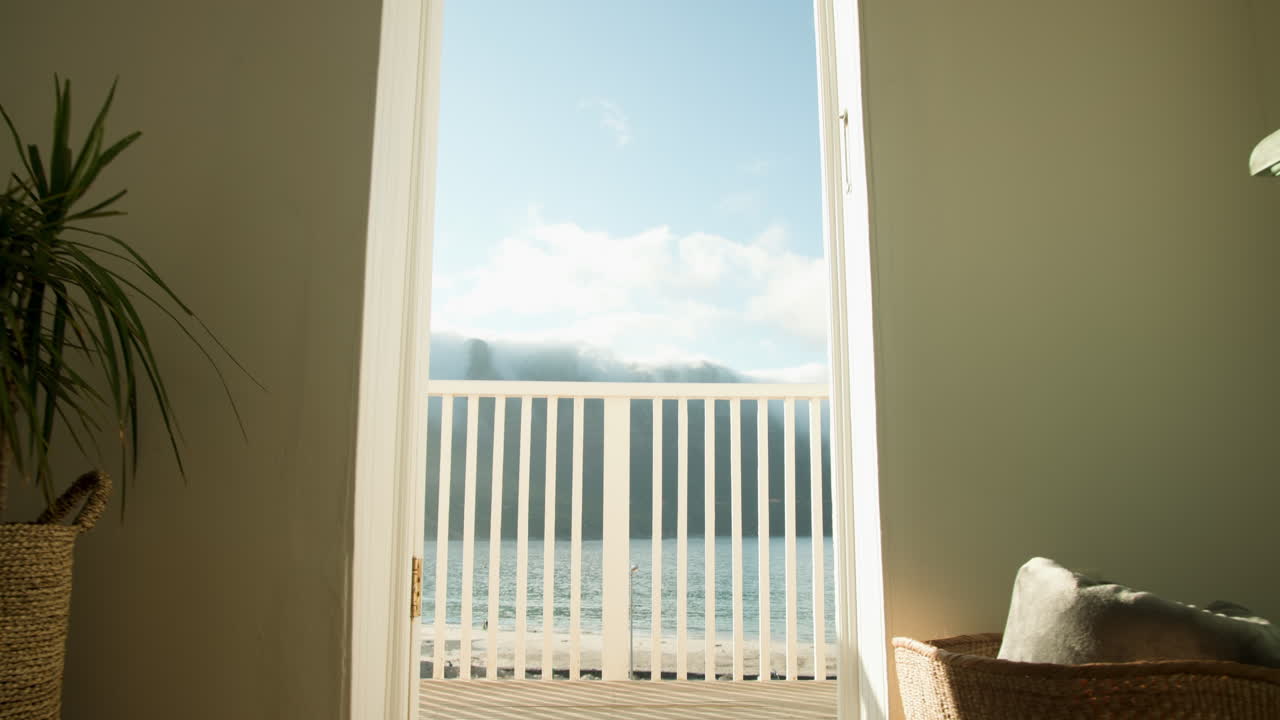 Serene morning view of mountains and lake from balcony, peaceful and calming, copy space