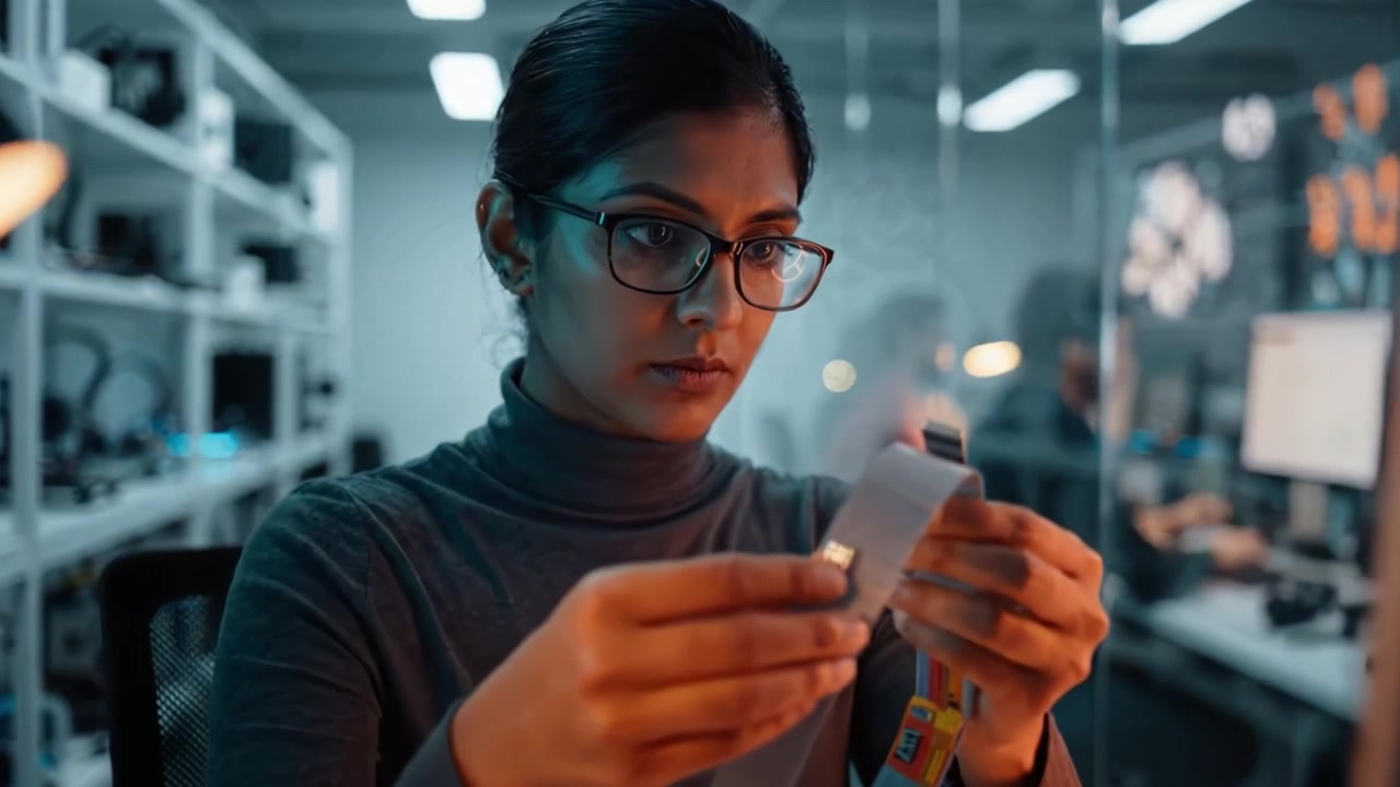 Focused Individual Engaged in Precision Work, Carefully Examining Material in a Modern Workspace, Highlighting Attention to Detail and Technical Skills.