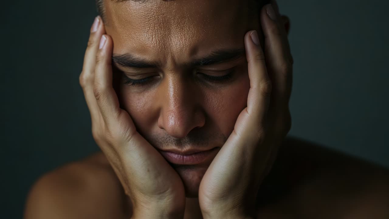 Enquadramento de homem sem camisa cobrindo o rosto com as mãos em um estúdio mal iluminado, inclinando-se para baixo, mostrando angústia