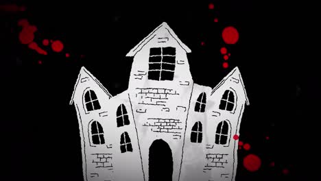 animation of haunted house over red blots on dark background