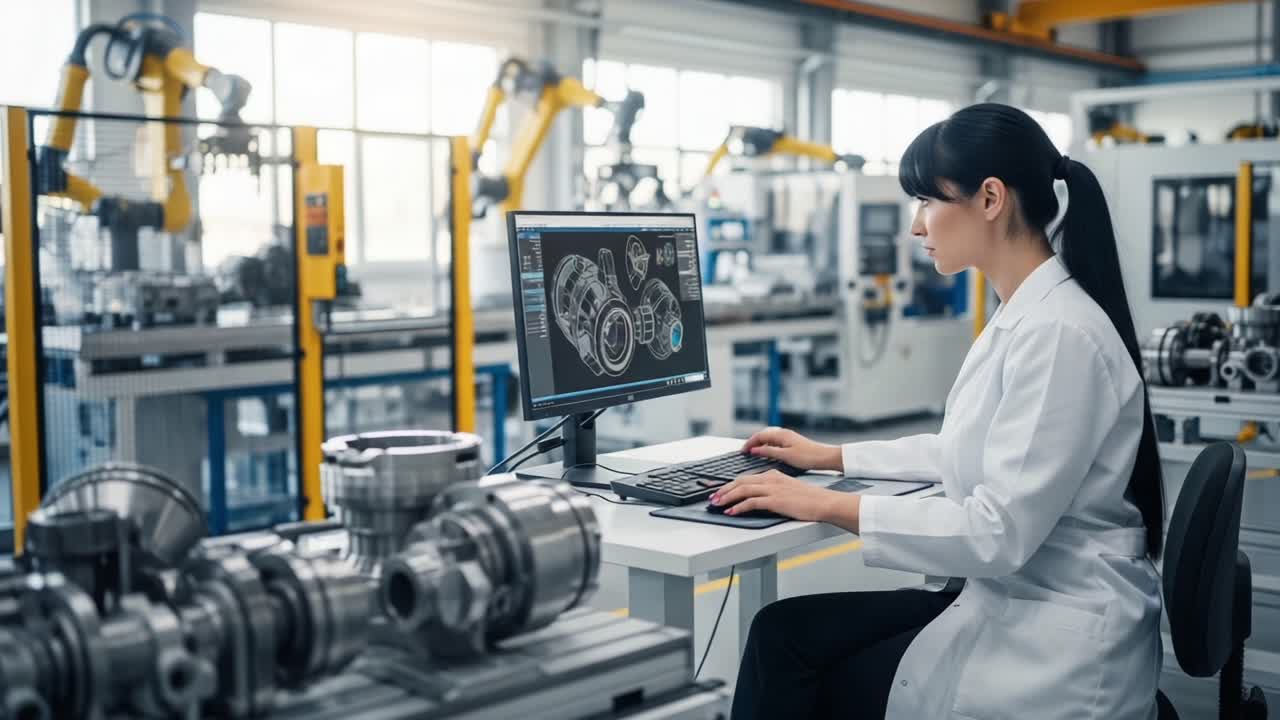 A Focused Engineer Analyzing Complex Mechanical Designs in a Modern Manufacturing Facility, Leveraging Advanced Technology for Precision Engineering