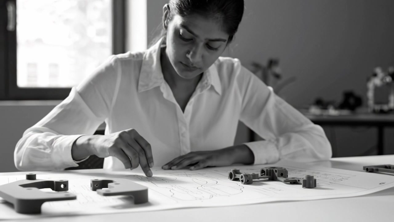 Focused Female Engineer Working on Technical Drawings for Mechanical Components with Prototypes on the Table in a Bright and Minimalist Workspace