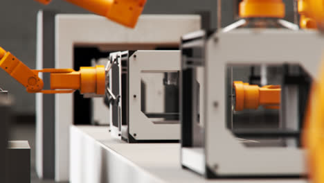 industrial robots for factory automation. a process of constructing 3d printers on an assembly line. orange robotic arms programmed to pick and place parts of printers. seamless loop.