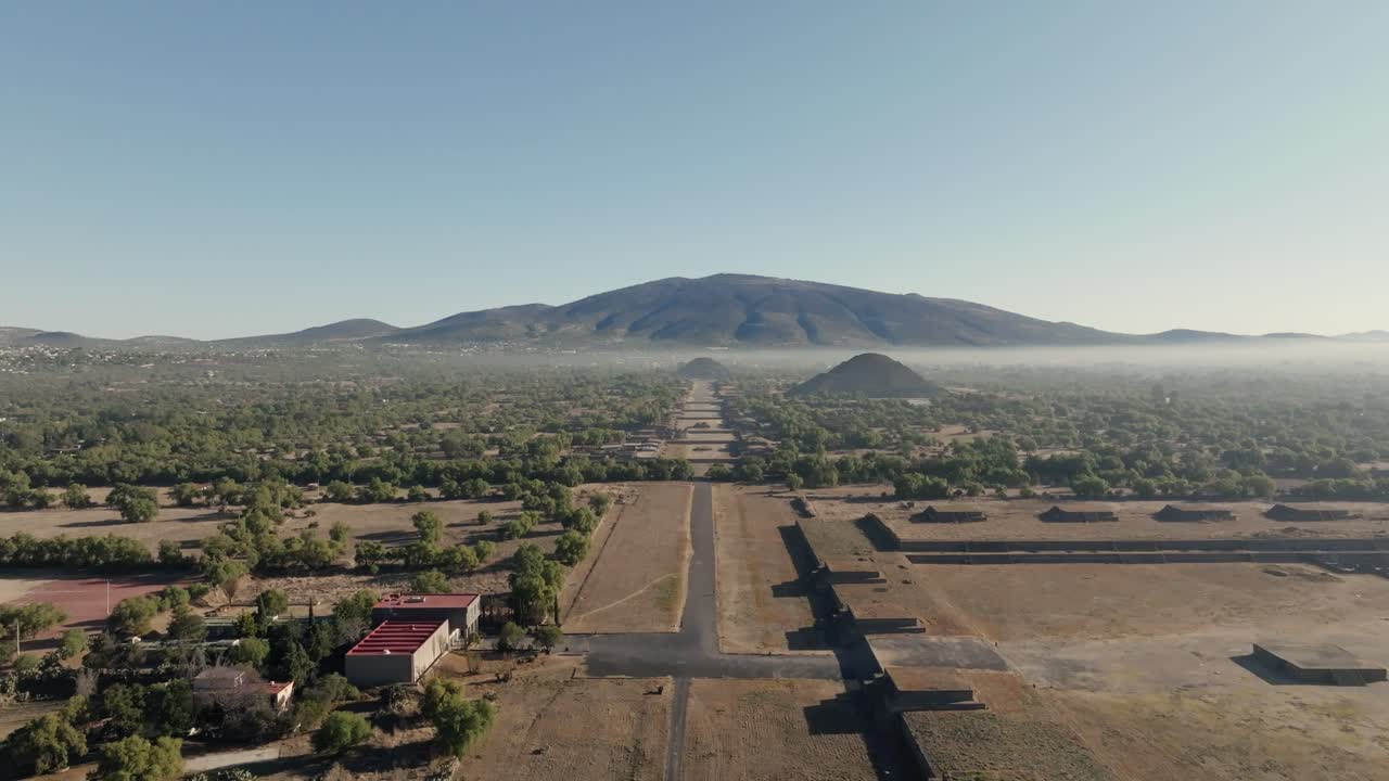 Drone Shot Of Teotihuacan City of Gods, Aztec Pyramids, Hot Air Balloons In Background, Mexico