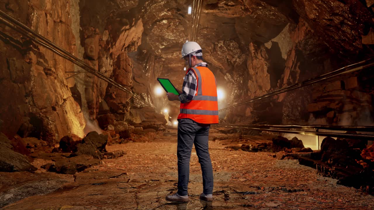 Full Body Back View Of Asian Male Engineer With Safety Helmet Working On A Green Screen Tablet And Looking Around While Standing In Underground Mine Tunnel