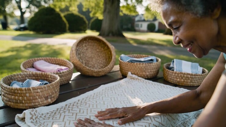 Arranging woman in tanktop laying cloth on picnic table for picnic as camera zooms, copy space