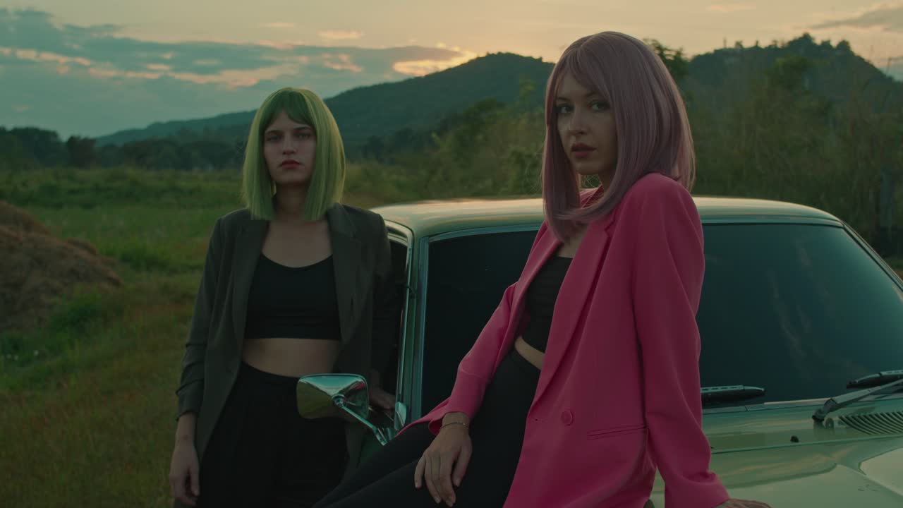 Two Stylish Women Posing Beside a Vintage Car at Sunset