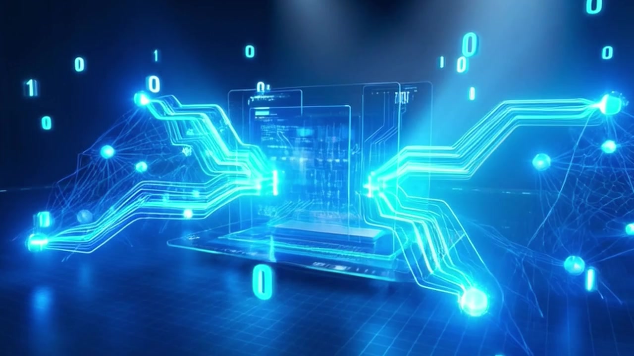 Digital Laptop with Glowing Circuitry and Floating Binary Code