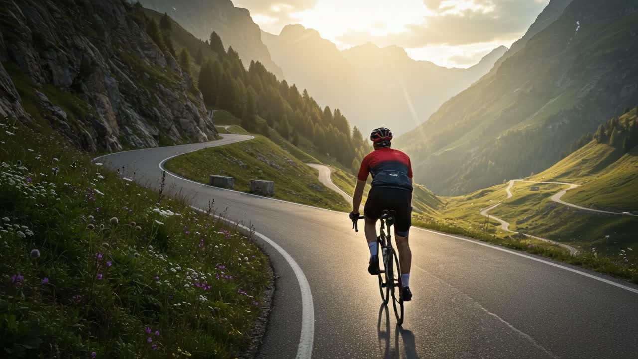 A Cyclist Navigates a Winding Mountain Road at Dusk, Surrounded by Lush Scenery and Breathtaking Views of Majestic Peaks and Serene Valleys