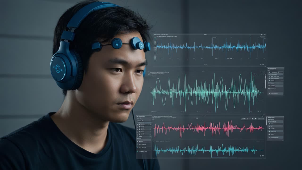 Investigating Brainwave Activities: A Subject Wearing EEG Headset Analyzes Mental States Through Advanced Signal Processing and Visualization Techniques
