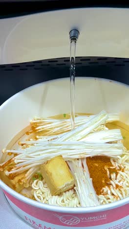태국 방 에서 인스턴트 누들 컵 에 뜨거운 물 을 부어 넣는 것