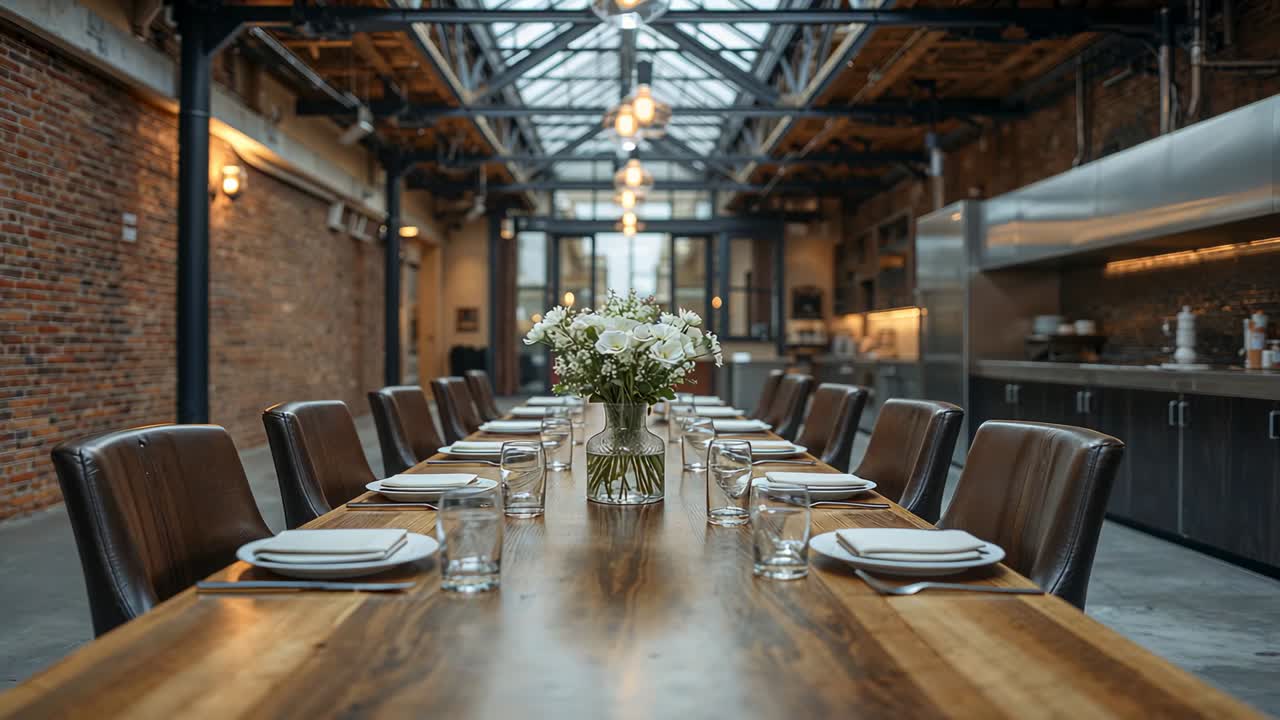 Pushing camera moving forward in industrial kitchen to highlight wooden table and white roses