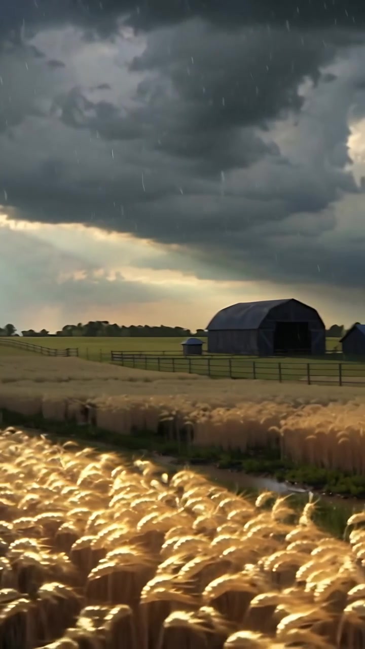 Video verticale: Grano dorato ondeggiante che si piega in una fattoria rurale mentre si avvicina una tempesta, pozzanghere che riflettono.