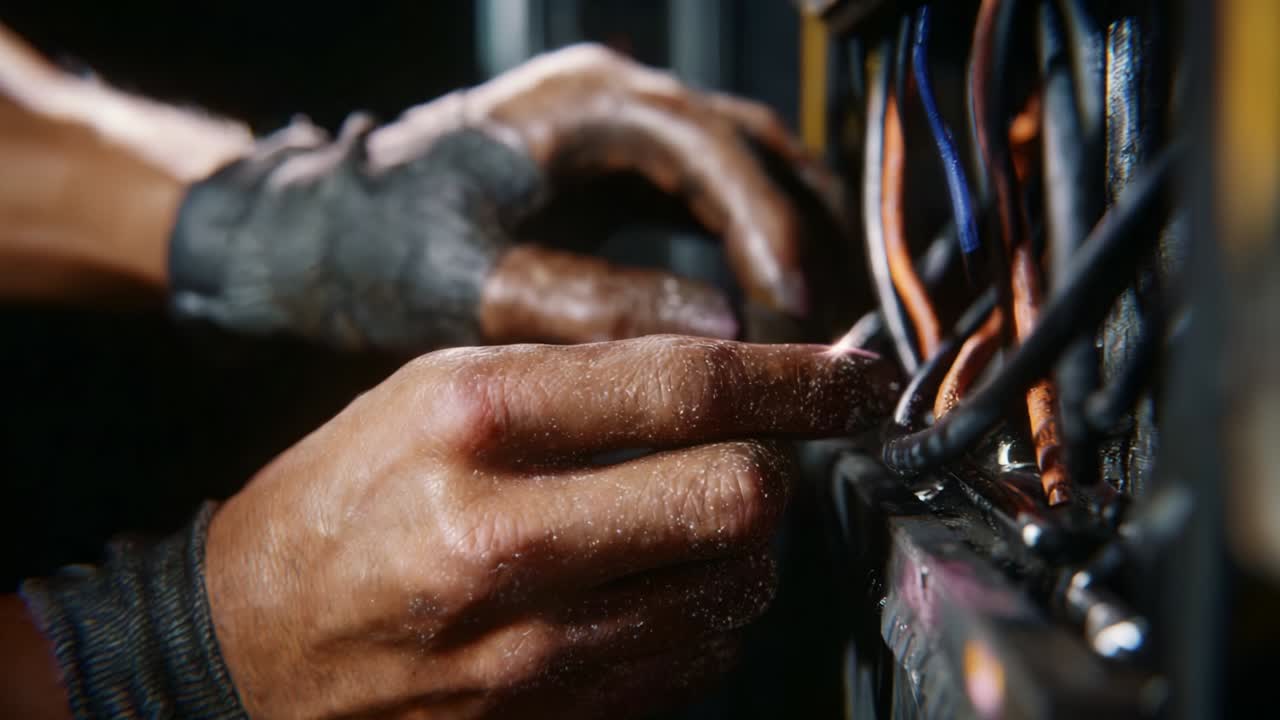 A Technician's Skilled Hands Working on Electrical Wiring: Capturing the Precision and Care Involved in Electrical Repairs and Maintenance of Complex Wiring Systems with a Focus on Hands and Tools Used