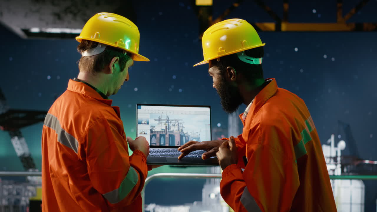 Environmental officers team inspect offshore oil platform under aurora borealis