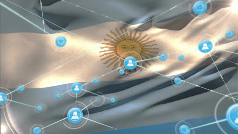 animation of network of connections with icons over flag of argentina