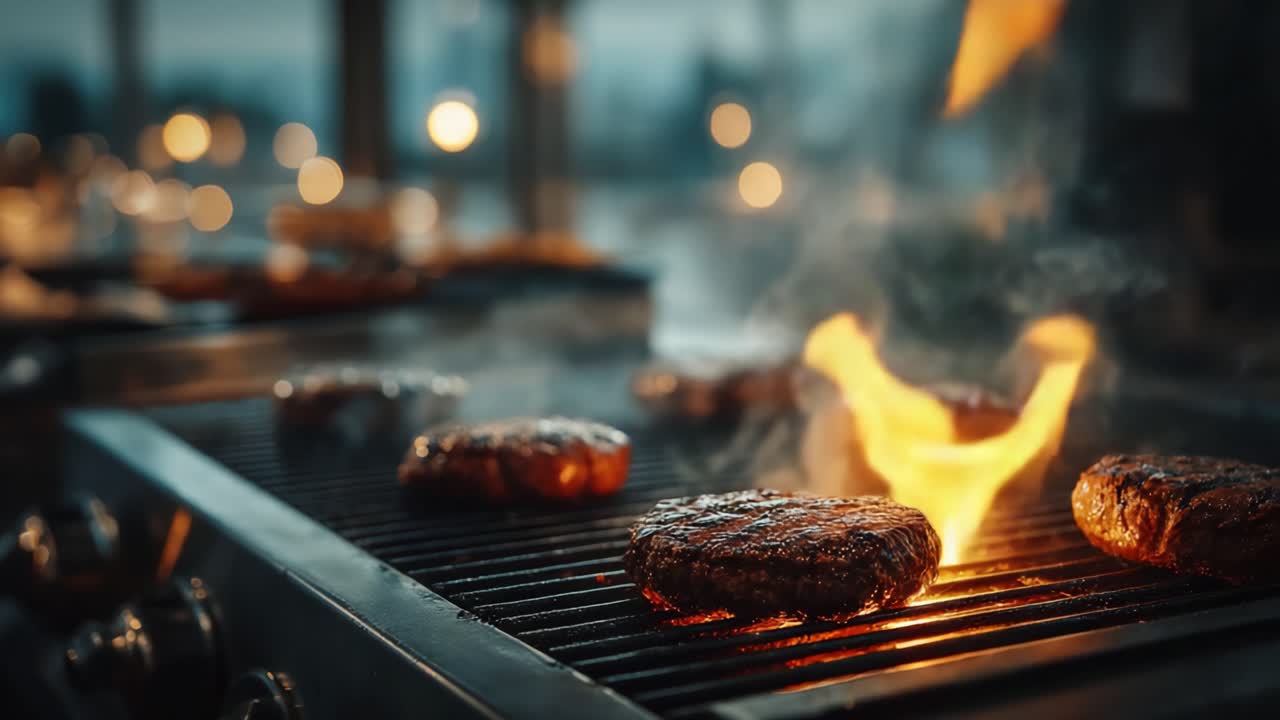 Grigliata perfetta: hamburger succulenti sfrigolano su fiamme vive in un'ambientazione da barbecue gourmet, creando un'atmosfera irresistibile di gusto e piacere.