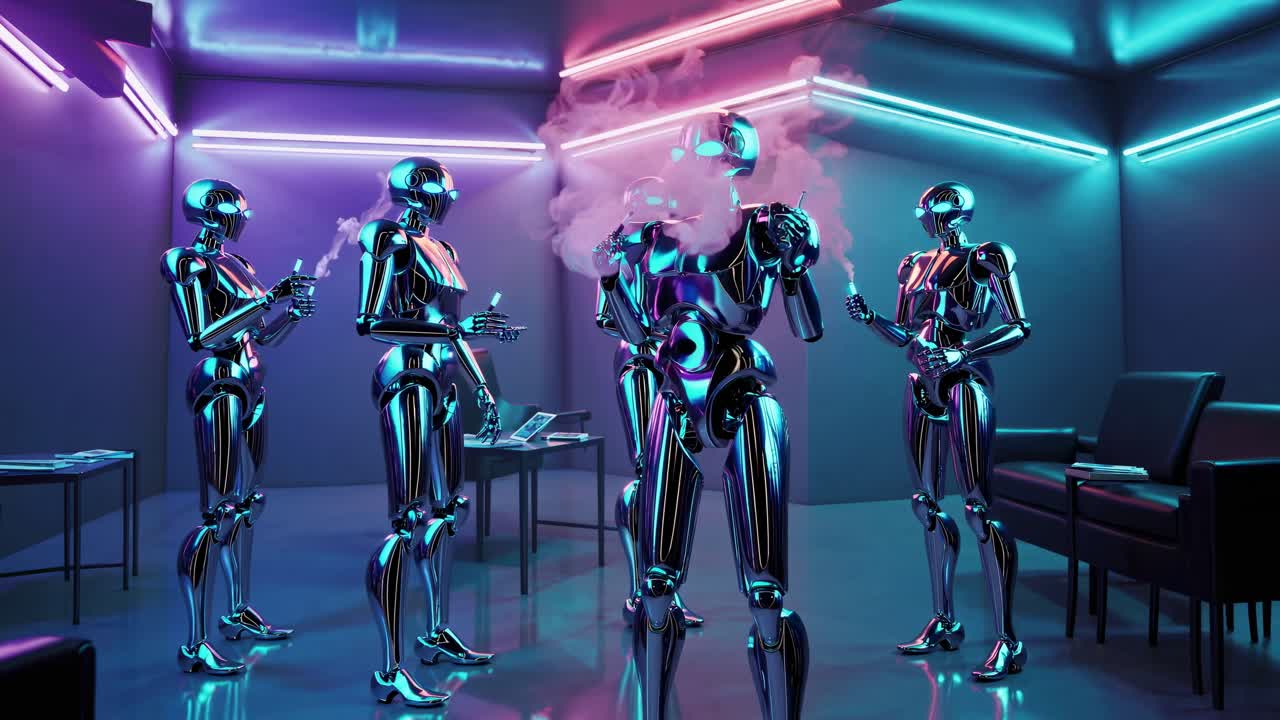 robots fumando en una habitación iluminada con neón