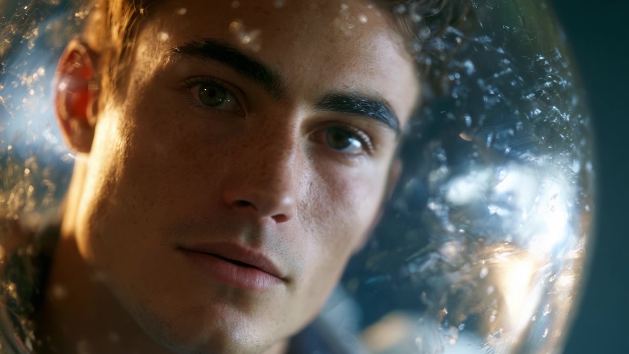Um Momento Introspectivo: Um close-up de um jovem astronauta dentro de um capacete espacial, capturando uma expressão sonhadora refletida e efeitos de luz surreais.