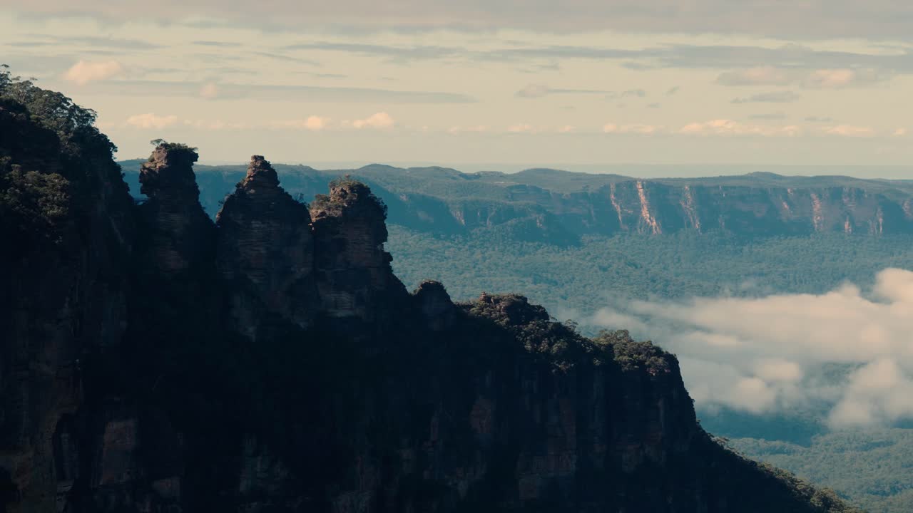 Three Towering Sandstone Peaks Of The Three Sisters In The Blue Mountains National Park, New South Wales, Australia. Static Shot