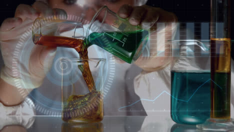 animation of diverse data over lab worker pouring reagents into glass