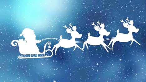 Snow-falling-over-santa-claus-in-sleigh-being-pulled-by-reindeers-against-blue-background