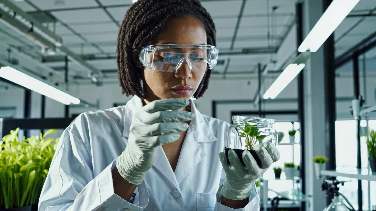 A scientist in a lab coat examines a plant in a jar. The video captures a close-up angle